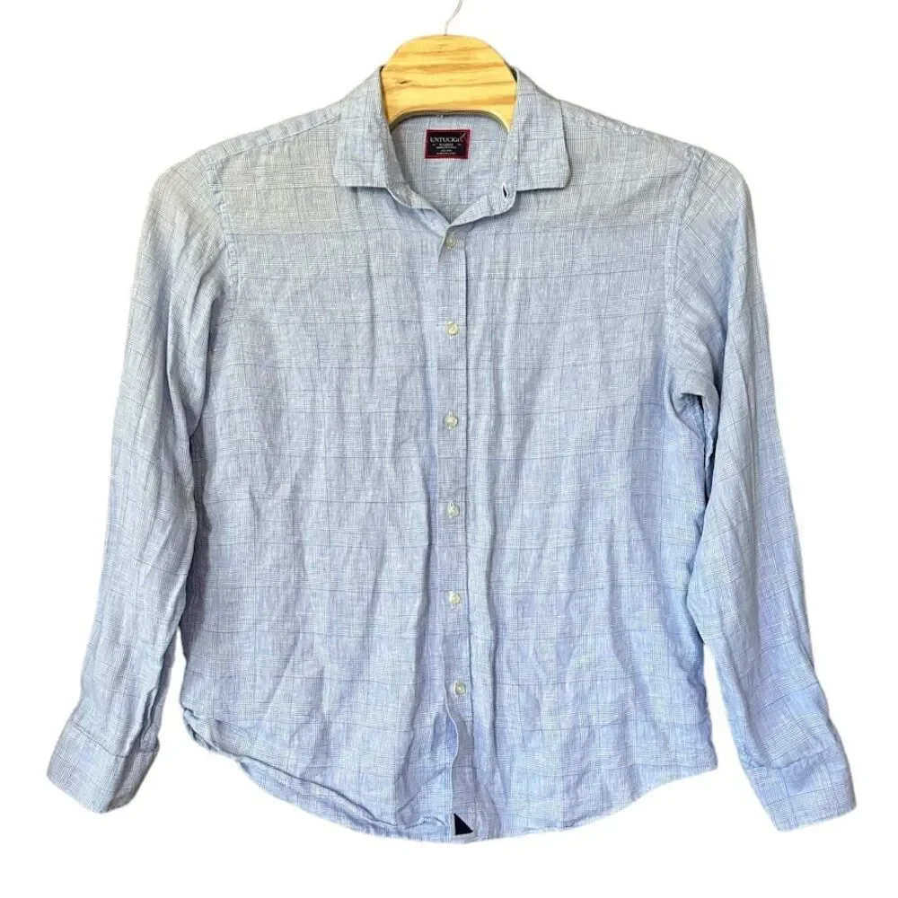UNTUCKit 100% Linen Light Blue Check Long Sleeve Button Shirt‎ Mens XL